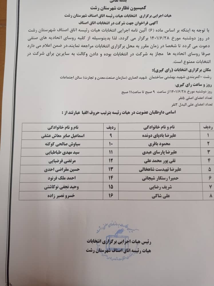 انتخابات هیات رئیسه جدید اتاق اصناف رشت برگزار می‌شود